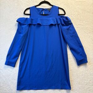 Express Dress Women Sz Medium Royal Blue Cold Shoulder Ruffle Detail Long Sleeve